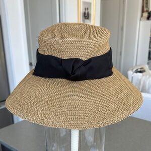 Eric Javits Tan Straw Sun Hat Front Knot/Bow & Elongated Front Brim